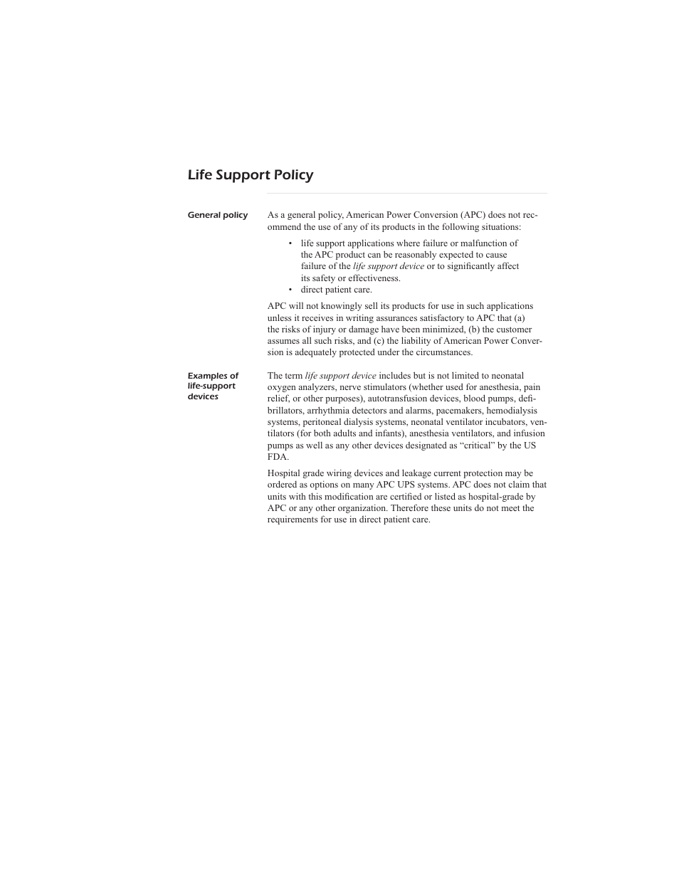 Life support policy | APC AP9268 User Manual | Page 48 / 49