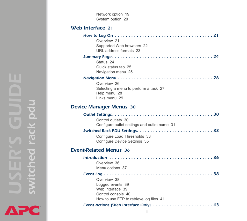 User ’s guide, Switched rack pdu | APC Switched Rack Power Distribution Unit (PDU) User Manual | Page 2 / 93