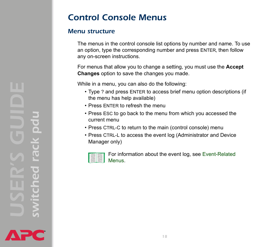 Control console menus, Menu structure, User ’s guide | Switched rack pdu | APC Switched Rack Power Distribution Unit (PDU) User Manual | Page 22 / 93