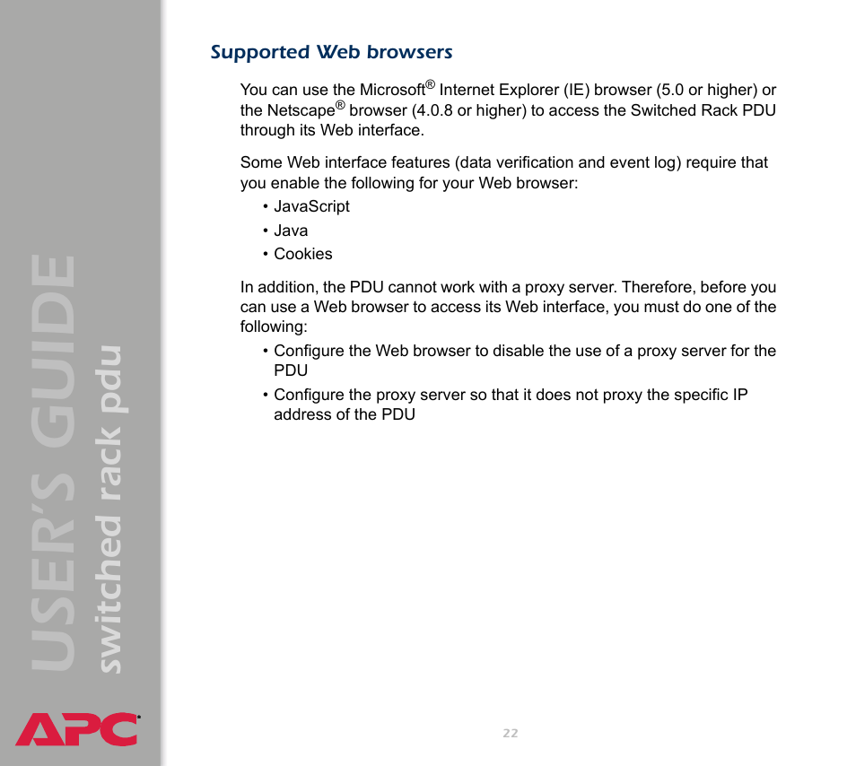 Supported web browsers, User ’s guide, Switched rack pdu | APC Switched Rack Power Distribution Unit (PDU) User Manual | Page 26 / 93