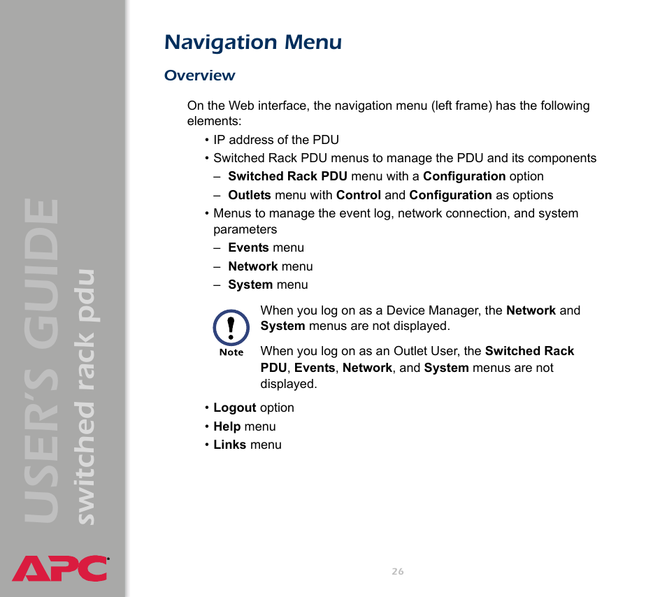 Navigation menu, Overview, User ’s guide | Switched rack pdu | APC Switched Rack Power Distribution Unit (PDU) User Manual | Page 30 / 93