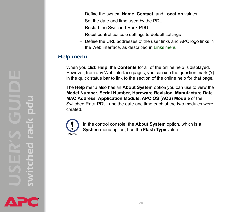 Help menu, User ’s guide, Switched rack pdu | APC Switched Rack Power Distribution Unit (PDU) User Manual | Page 32 / 93