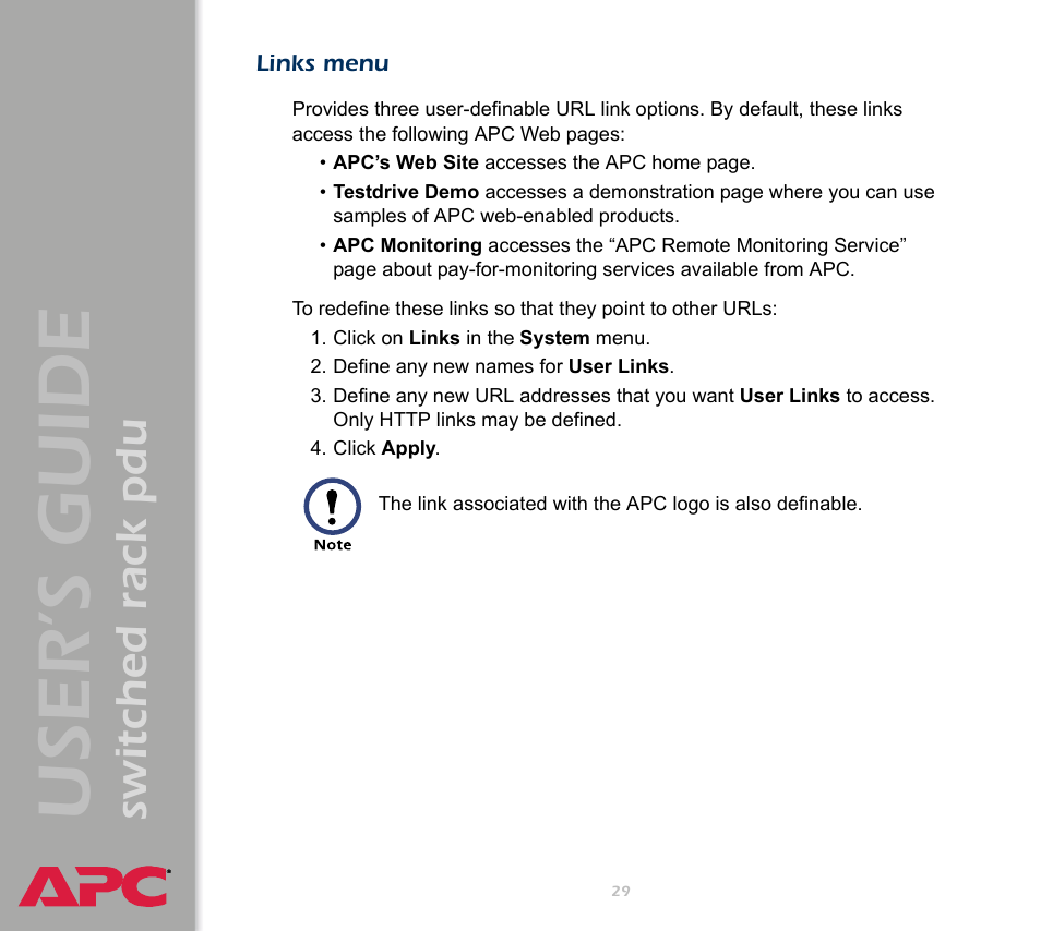 Links menu, User ’s guide, Switched rack pdu | APC Switched Rack Power Distribution Unit (PDU) User Manual | Page 33 / 93