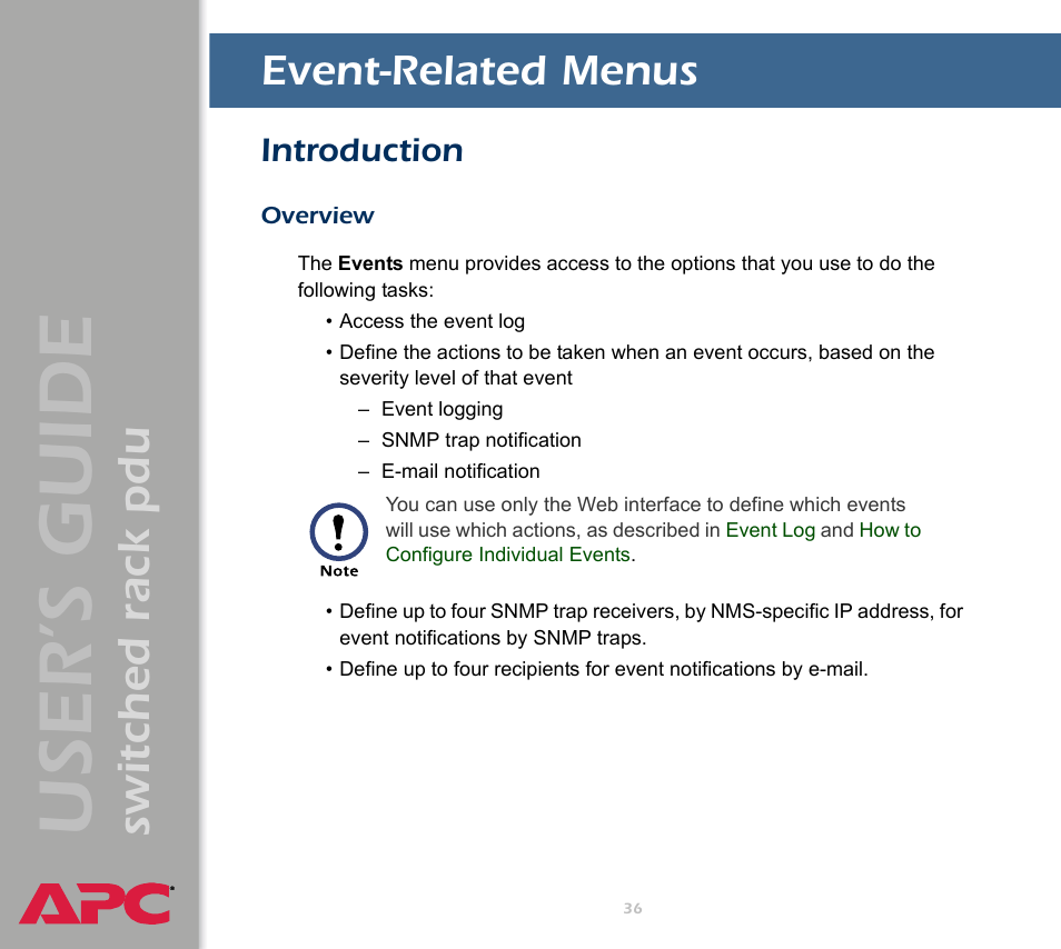 Event-related menus, Introduction, Overview | User ’s guide, Switched rack pdu | APC Switched Rack Power Distribution Unit (PDU) User Manual | Page 40 / 93