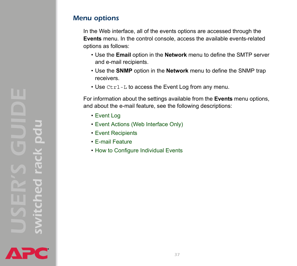 Menu options, User ’s guide, Switched rack pdu | APC Switched Rack Power Distribution Unit (PDU) User Manual | Page 41 / 93