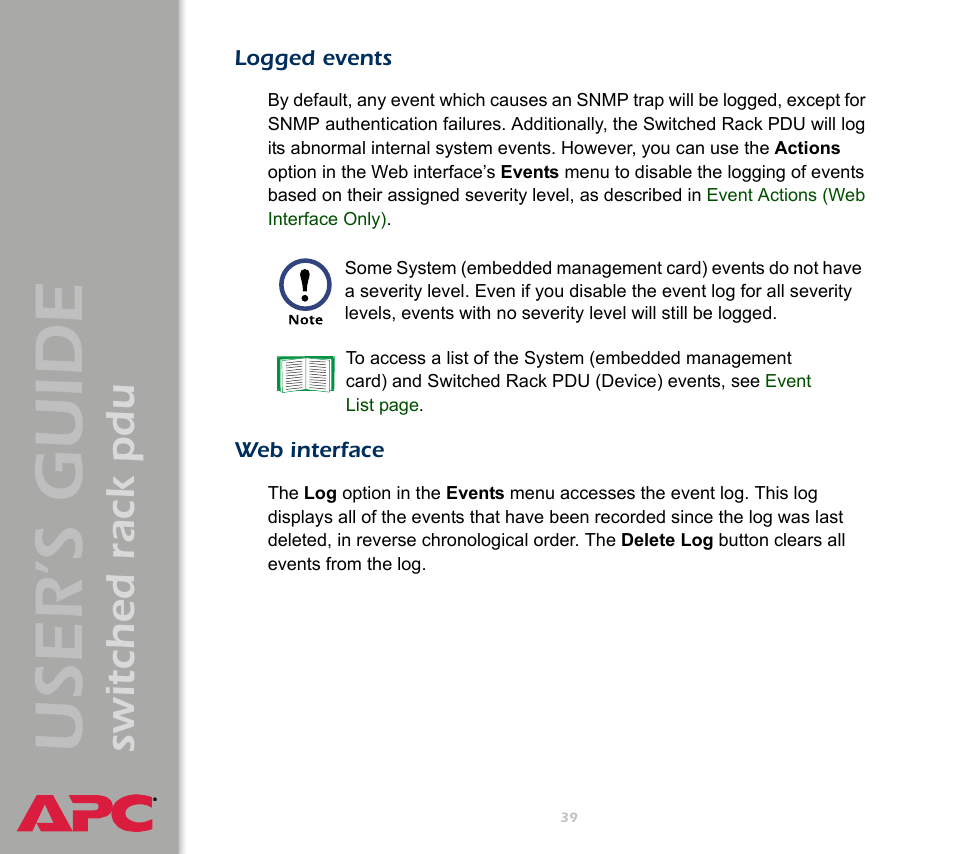 Logged events, Web interface, User ’s guide | Switched rack pdu | APC Switched Rack Power Distribution Unit (PDU) User Manual | Page 43 / 93