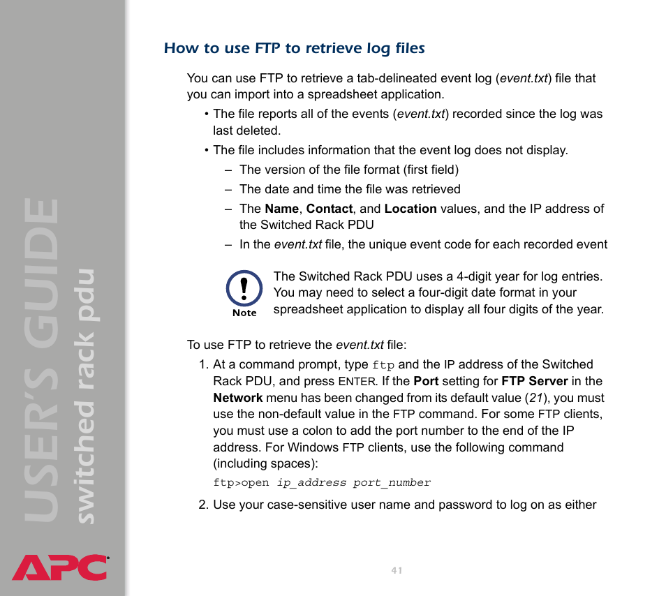 How to use ftp to retrieve log files, User ’s guide, Switched rack pdu | APC Switched Rack Power Distribution Unit (PDU) User Manual | Page 45 / 93