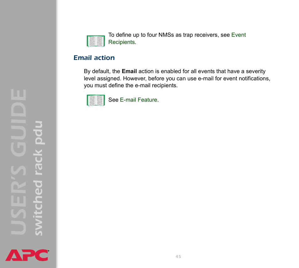 Email action, Sent. see, User ’s guide | Switched rack pdu | APC Switched Rack Power Distribution Unit (PDU) User Manual | Page 49 / 93