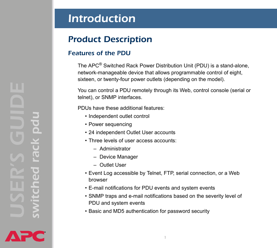 Introduction, Product description, Features of the pdu | User ’s guide, Switched rack pdu | APC Switched Rack Power Distribution Unit (PDU) User Manual | Page 5 / 93