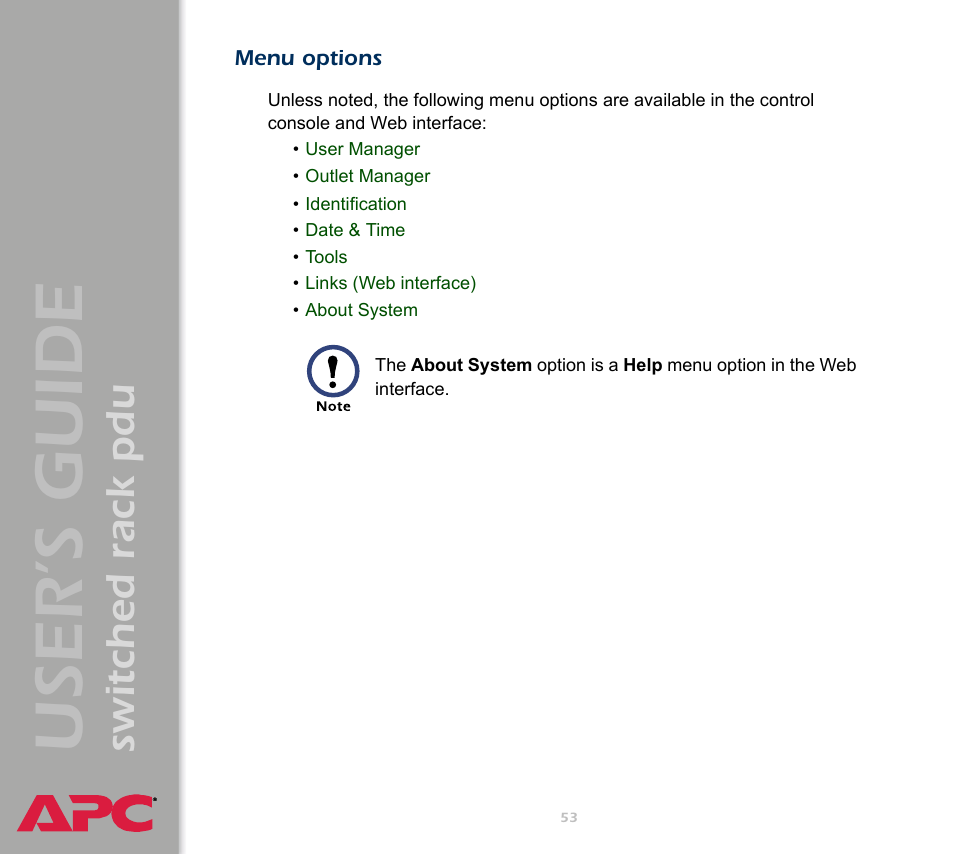 Menu options, User ’s guide, Switched rack pdu | APC Switched Rack Power Distribution Unit (PDU) User Manual | Page 57 / 93