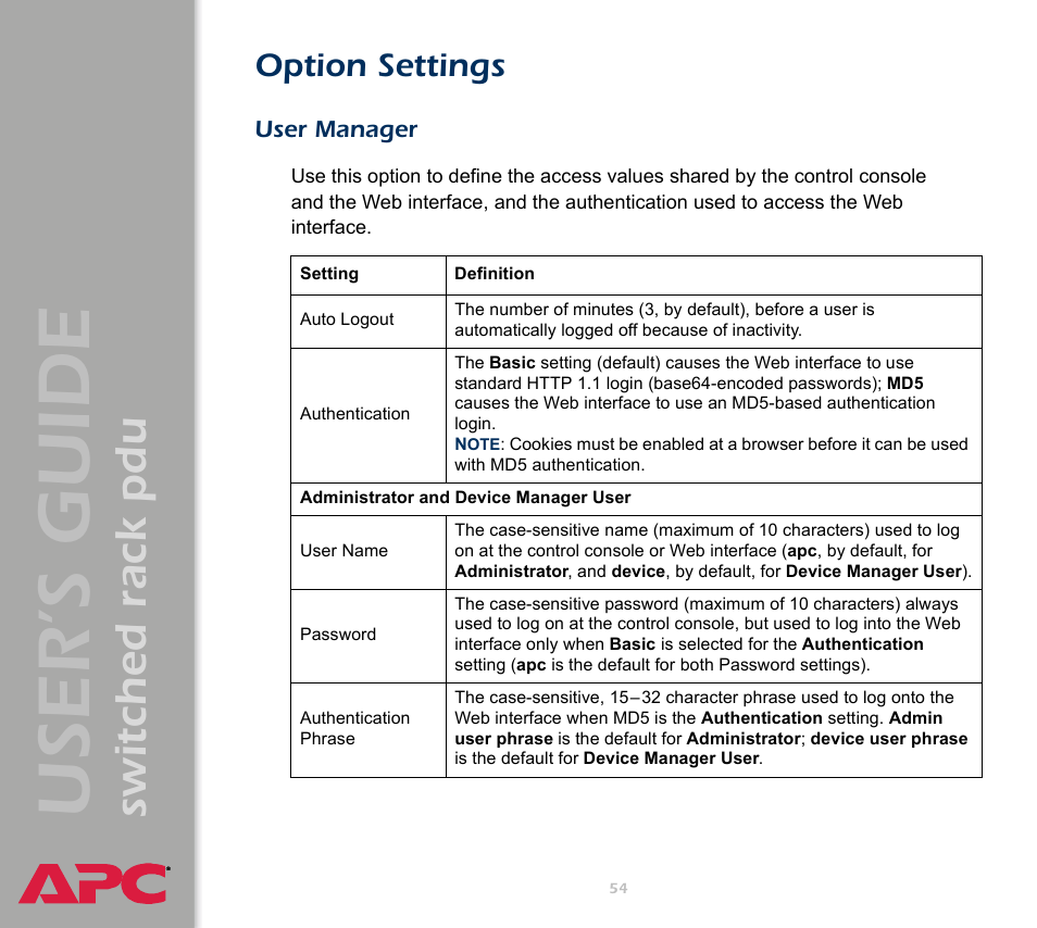 Option settings, User manager, User ’s guide | Switched rack pdu | APC Switched Rack Power Distribution Unit (PDU) User Manual | Page 58 / 93