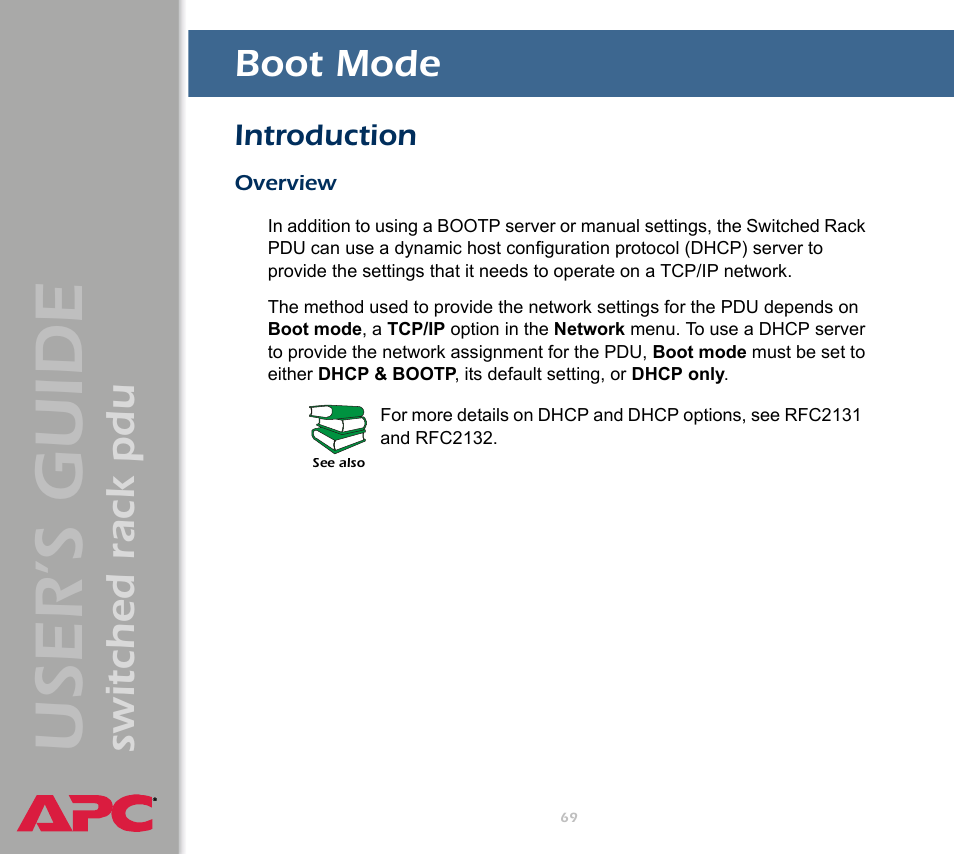 Boot mode, Introduction, Overview | User ’s guide, Switched rack pdu | APC Switched Rack Power Distribution Unit (PDU) User Manual | Page 73 / 93