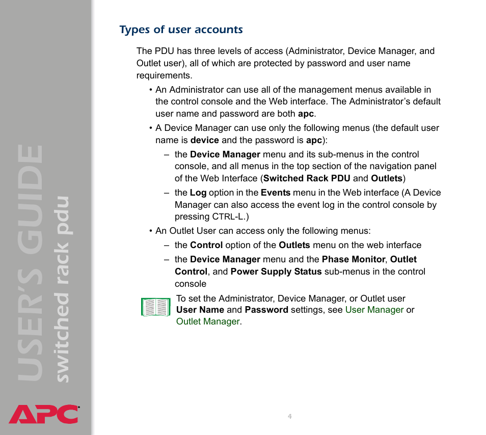 Types of user accounts, User ’s guide, Switched rack pdu | APC Switched Rack Power Distribution Unit (PDU) User Manual | Page 8 / 93