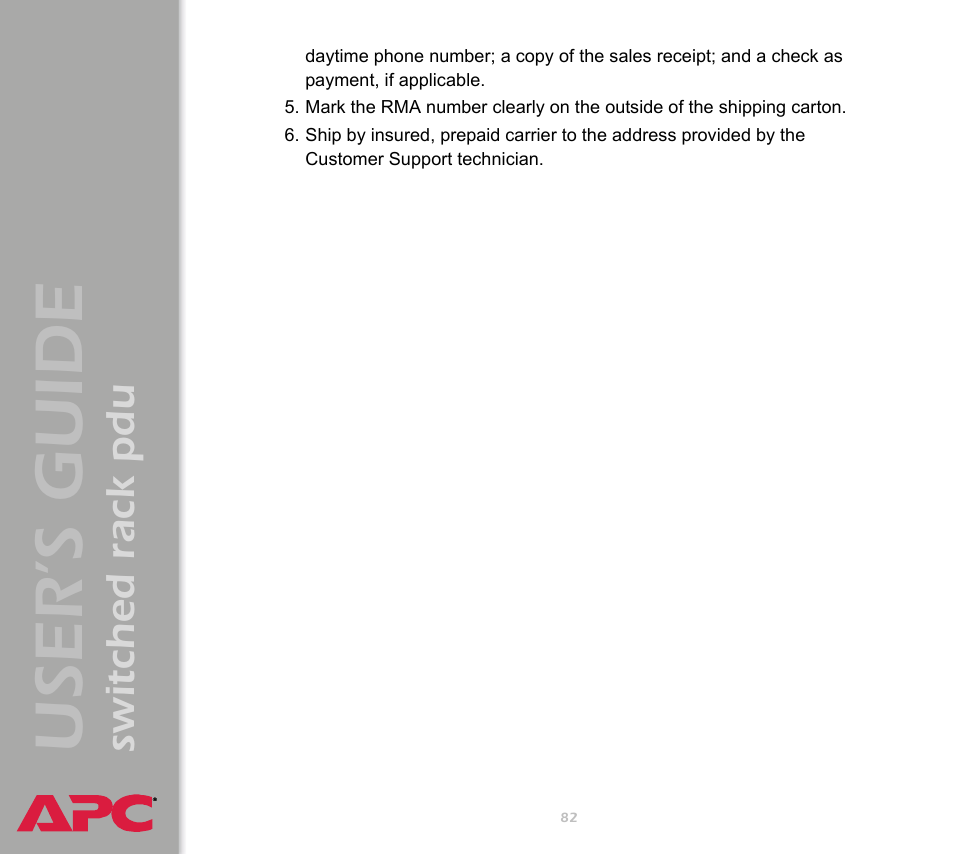 User ’s guide, Switched rack pdu | APC Switched Rack Power Distribution Unit (PDU) User Manual | Page 86 / 93