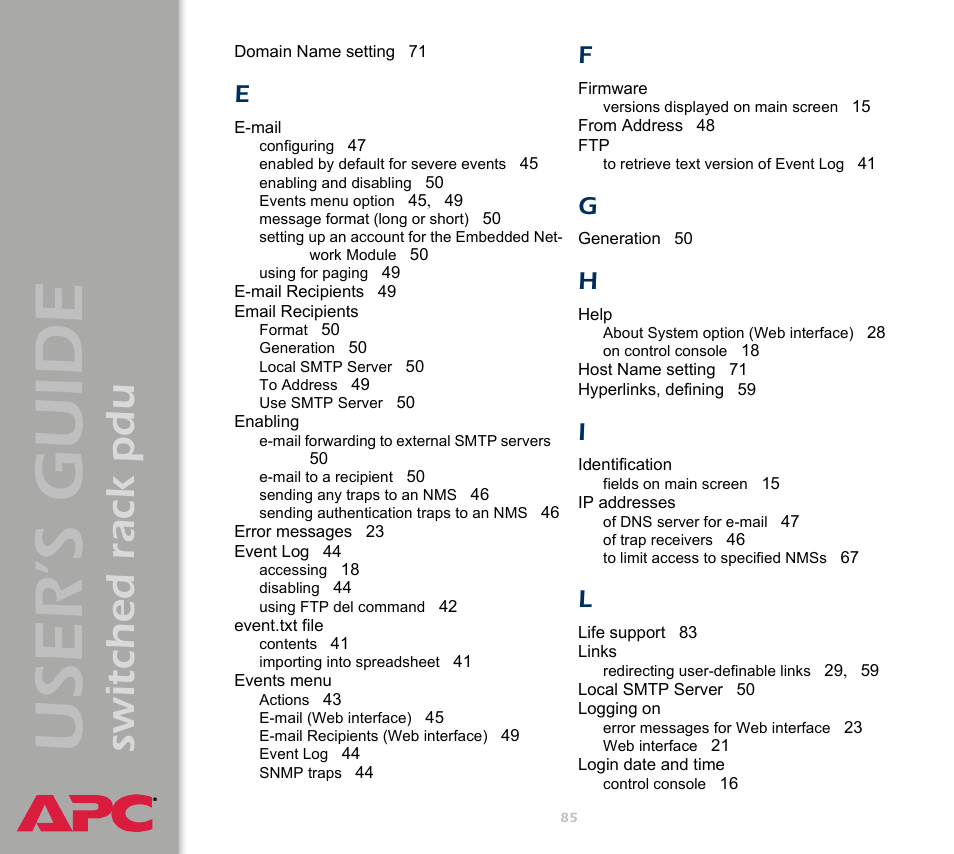 User ’s guide, Switched rack pdu | APC Switched Rack Power Distribution Unit (PDU) User Manual | Page 89 / 93