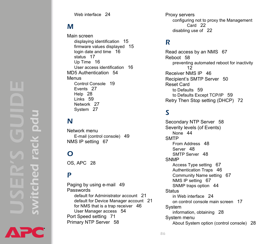 User ’s guide, Switched rack pdu | APC Switched Rack Power Distribution Unit (PDU) User Manual | Page 90 / 93