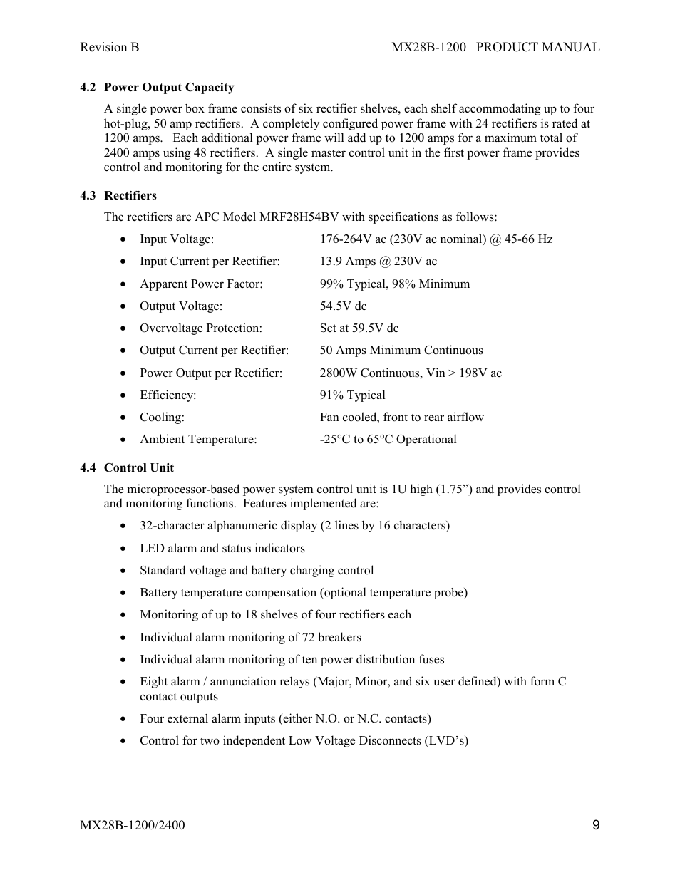 Power output capacity, Rectifiers, Control unit | APC DC Power Plant MX28B-1200 User Manual | Page 15 / 54