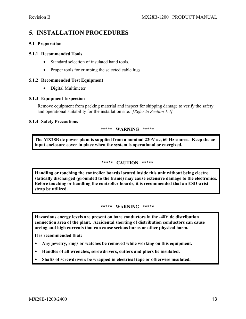 Installation procedures, Preparation, Recommended tools | Recommended test equipment, Equipment inspection, Safety precautions | APC DC Power Plant MX28B-1200 User Manual | Page 19 / 54