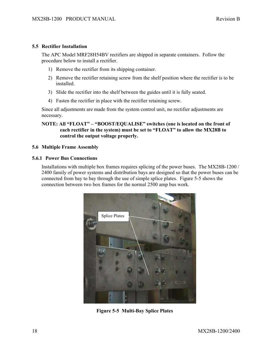 Rectifier installation, Multiple frame assembly, Power bus connections | APC DC Power Plant MX28B-1200 User Manual | Page 24 / 54