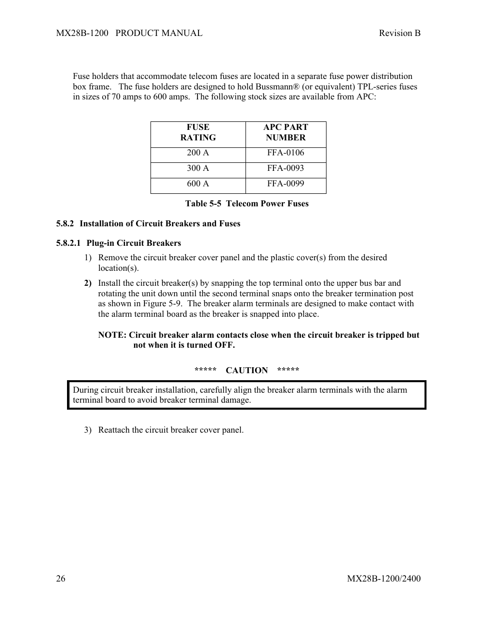 Installation of circuit breakers and fuses, Plug-in circuit breakers | APC DC Power Plant MX28B-1200 User Manual | Page 32 / 54