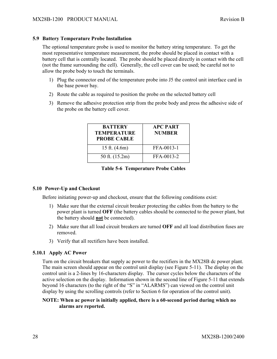 Battery temperature probe installation, Power-up and checkout, Apply ac power | APC DC Power Plant MX28B-1200 User Manual | Page 34 / 54