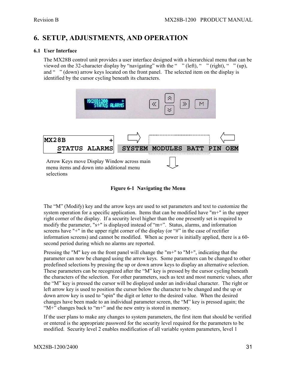 Setup, adjustments, and operation, User interface, Mx28b + status alarms system modules batt pin oem | APC DC Power Plant MX28B-1200 User Manual | Page 37 / 54