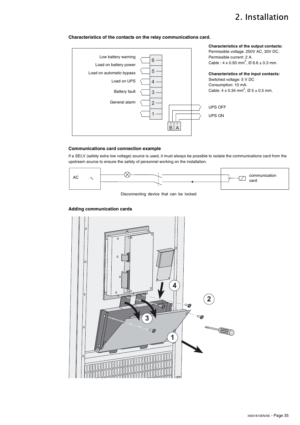 Communications card connection example, Adding communication cards, Installation | APC GALAXY 5000 User Manual | Page 35 / 68