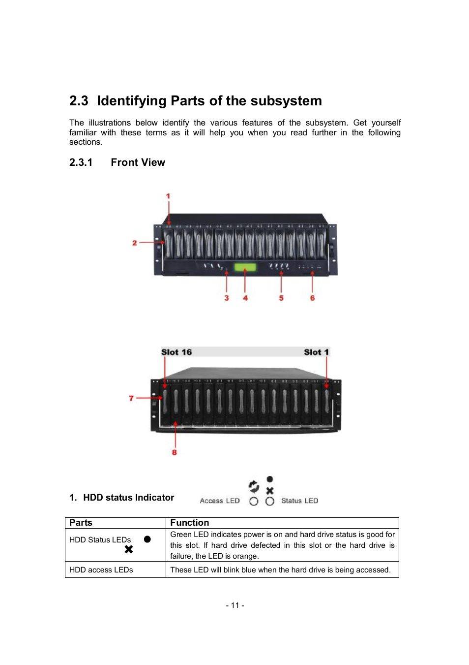 3 identifying parts of the subsystem, 1 front view | APC RAID Subsystem SCSI-SATA II User Manual | Page 11 / 131