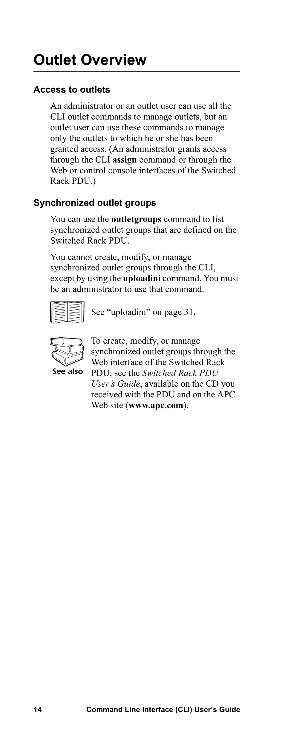 Outlet overview, Access to outlets, Synchronized outlet groups | APC Command Line Interface User Manual | Page 18 / 39