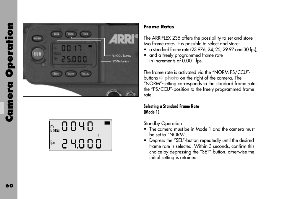 Frame rates, Camera operation | ARRI ARRIFLEX 235 User Manual | Page 60 / 178
