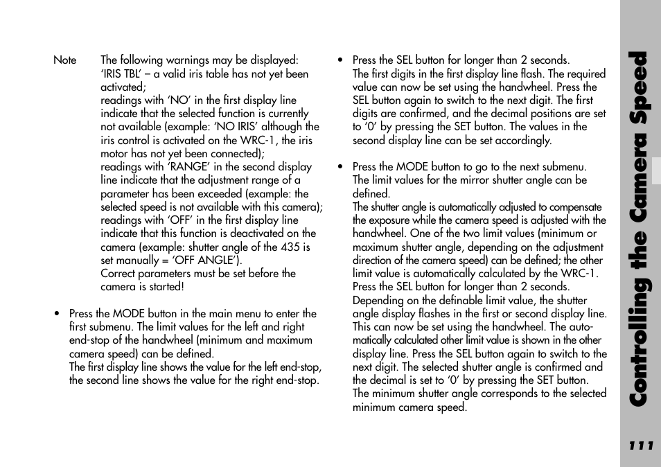 Controlling the camera speed | ARRI WRC-1 User Manual | Page 111 / 196