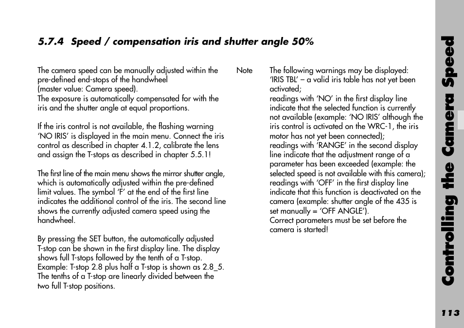 4 speed / compensation iris and shutter angle 50, Controlling the camera speed | ARRI WRC-1 User Manual | Page 113 / 196