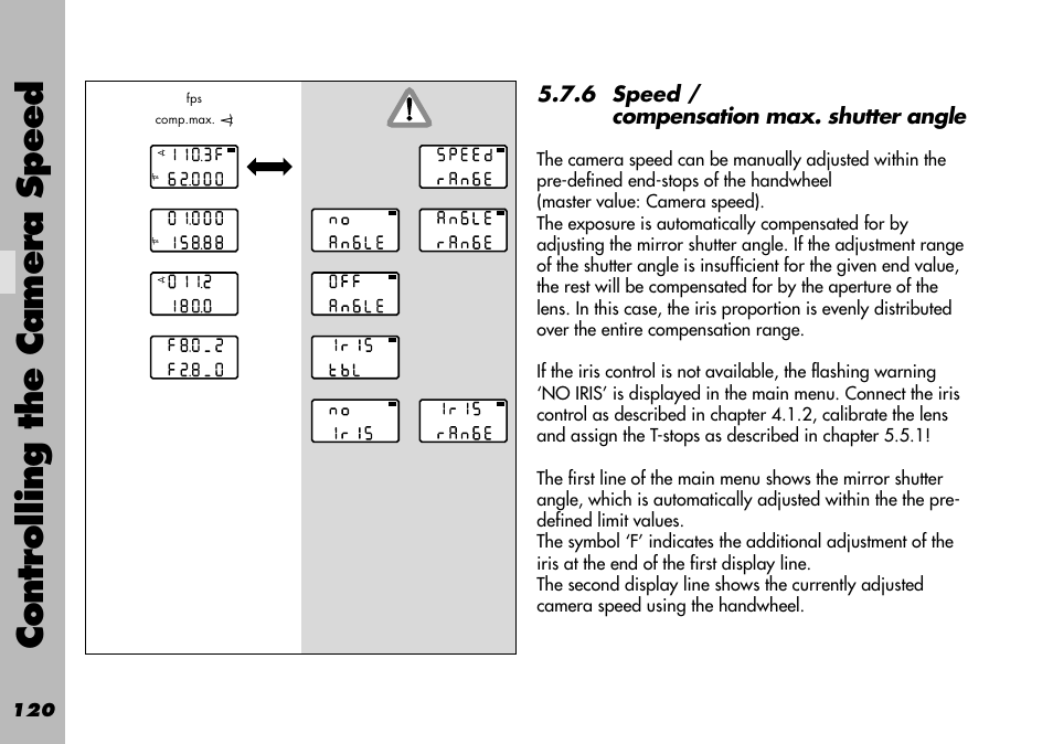 6 speed / compensation max. shutter angle, Controlling the camera speed | ARRI WRC-1 User Manual | Page 120 / 196