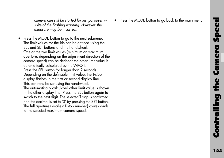 Speed / compensation user, Controlling the camera speed | ARRI WRC-1 User Manual | Page 123 / 196