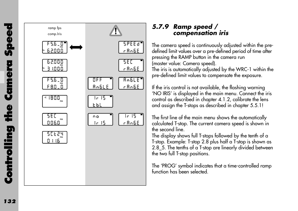 9 ramp speed / compensation iris, Controlling the camera speed | ARRI WRC-1 User Manual | Page 132 / 196