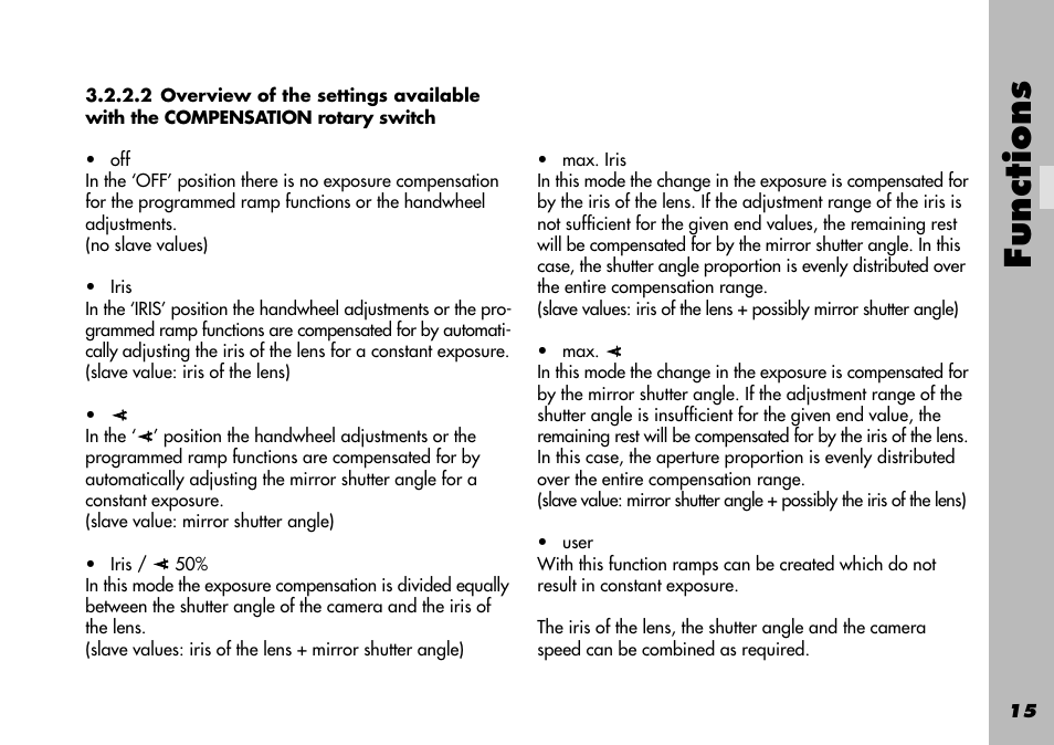 Angle, Iris, Iris / angle 50 | Max. angle, Max. iris, User, User mode, Functions | ARRI WRC-1 User Manual | Page 15 / 196