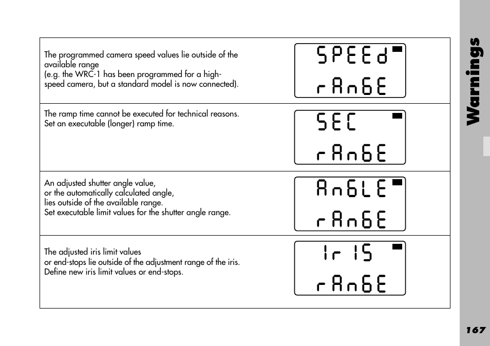 Sec range, Wa rnings | ARRI WRC-1 User Manual | Page 167 / 196