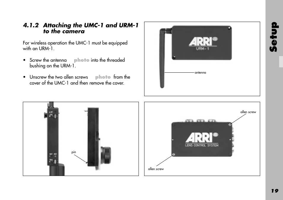 2 attaching the umc-1 and urm-1 to the camera, Antenna, Wireless operation | Setup | ARRI WRC-1 User Manual | Page 19 / 196