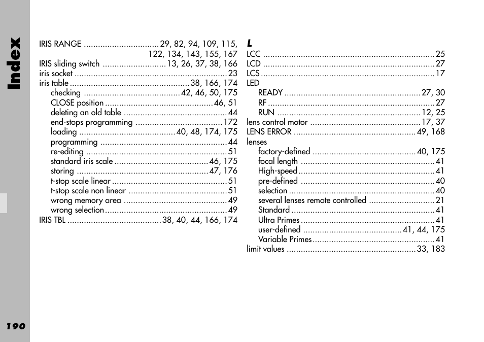 Lenses, Index | ARRI WRC-1 User Manual | Page 190 / 196