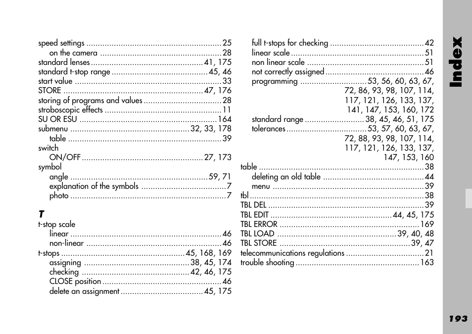 Switch, Symbol, T-stop scale | Index | ARRI WRC-1 User Manual | Page 193 / 196