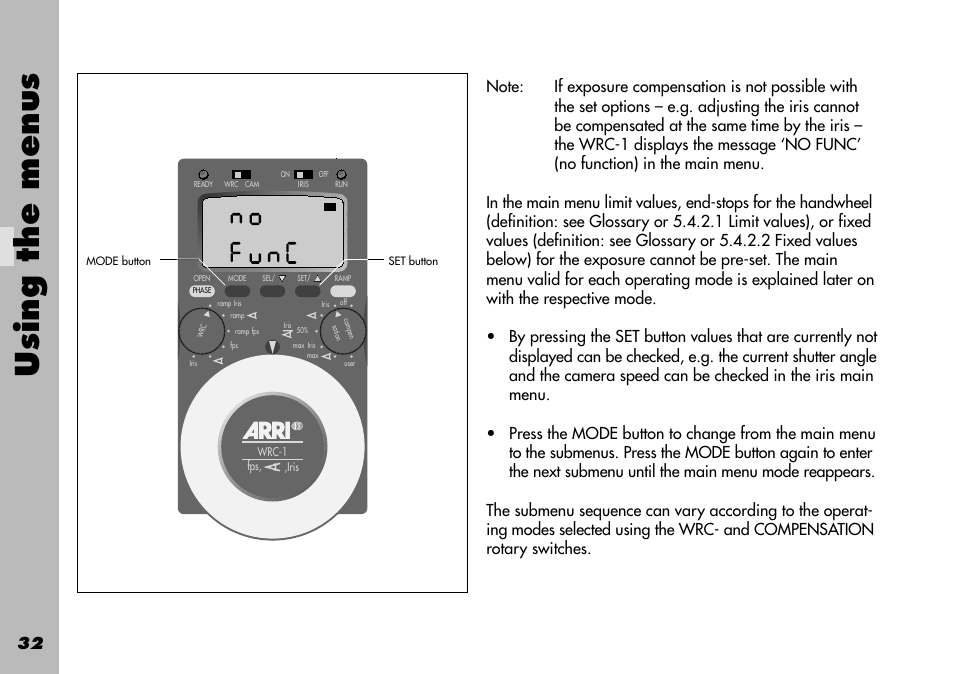 Submenu, Submenus, 1 limit values | Using the menus | ARRI WRC-1 User Manual | Page 32 / 196