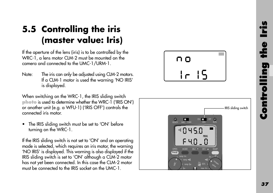 5 controlling the iris (master value: iris), No iris, Controlling the iris | ARRI WRC-1 User Manual | Page 37 / 196