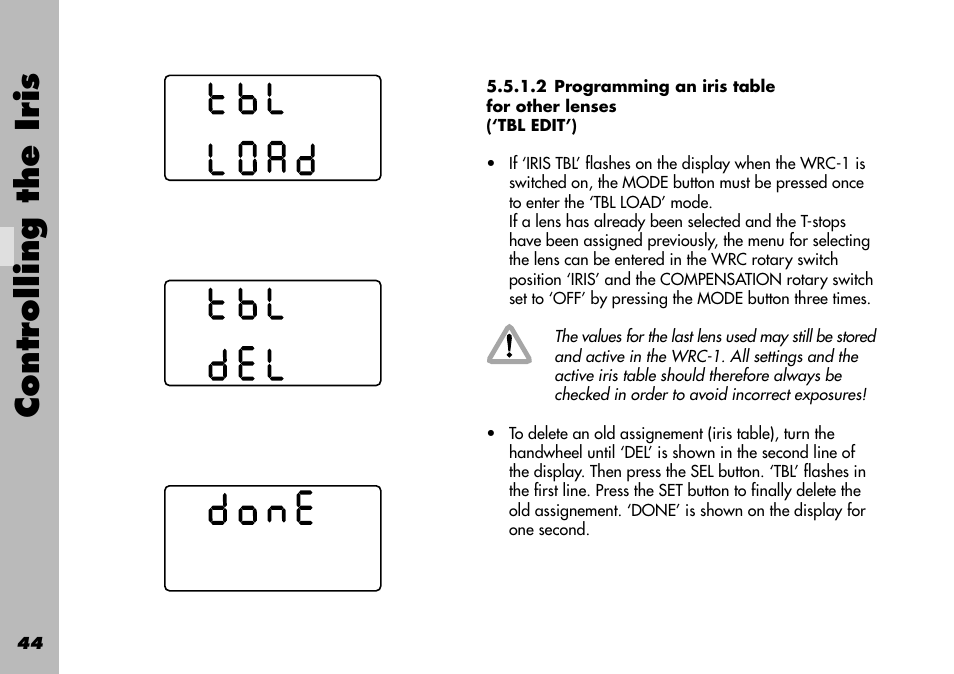 Deleting an old table, Programming, Tbl edit | Controlling the iris | ARRI WRC-1 User Manual | Page 44 / 196