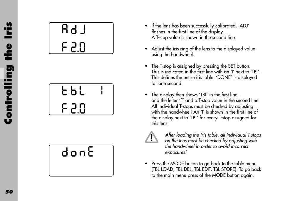5 important instructions, For programming the iris of the lens, Controlling the iris | ARRI WRC-1 User Manual | Page 50 / 196