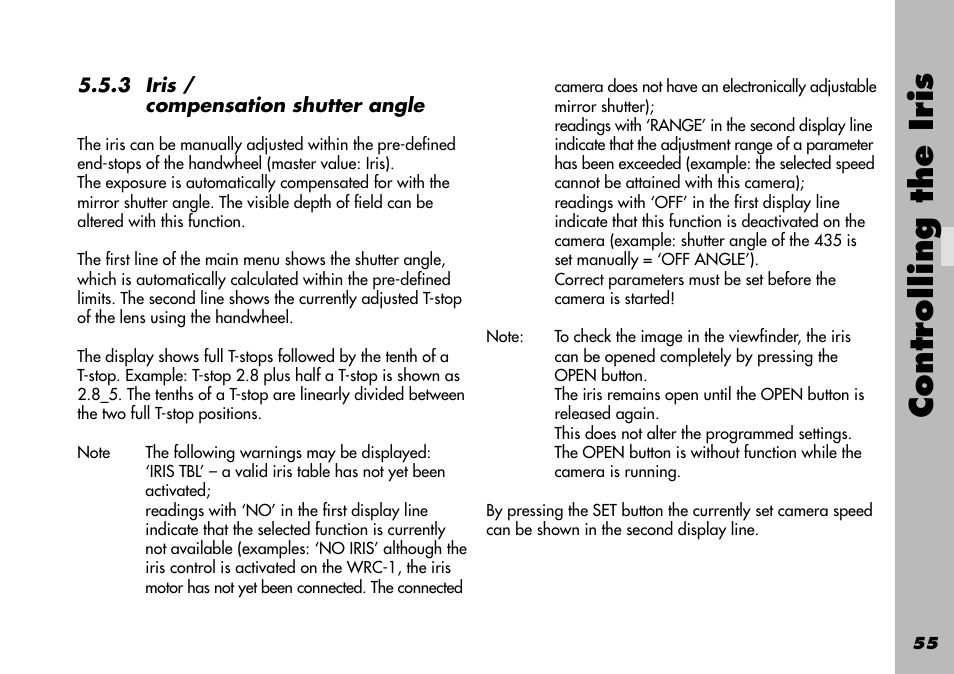 3 iris / compensation shutter angle, Controlling the iris | ARRI WRC-1 User Manual | Page 55 / 196