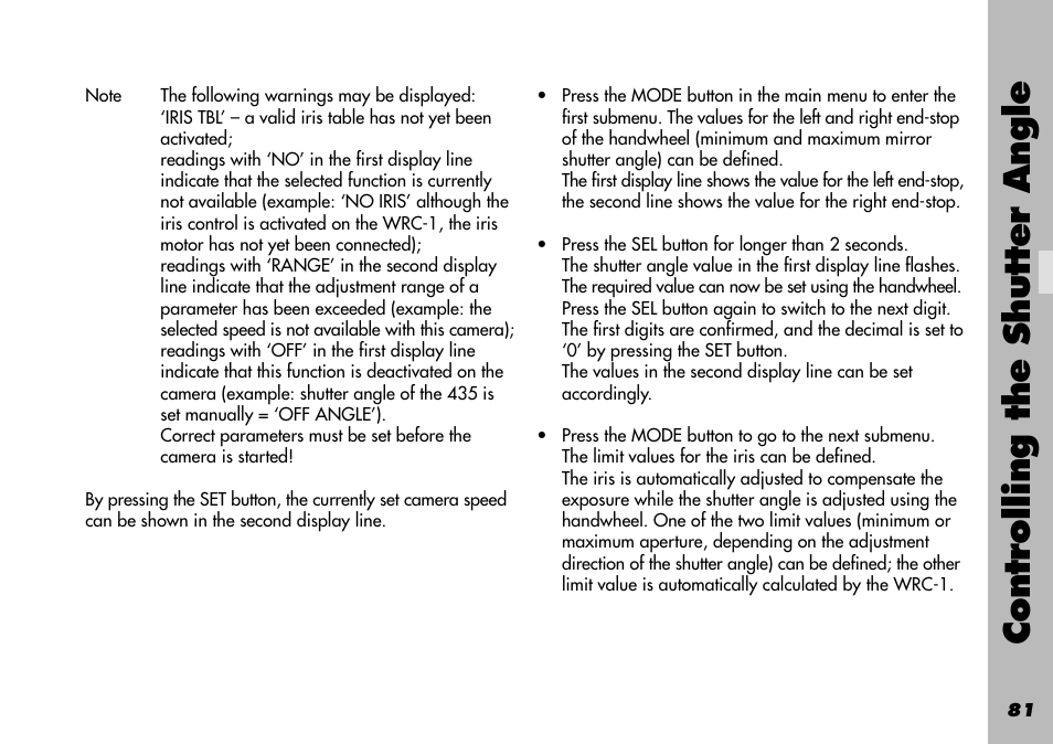 Off angle, Controlling the shutter angle | ARRI WRC-1 User Manual | Page 81 / 196