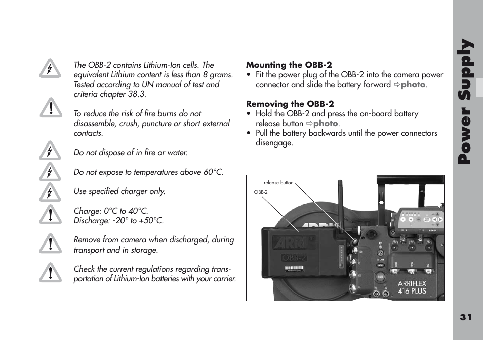 Mounting the obb-2, Removing the obb-2, Power supply | ARRI ARRIFLEX 416 User Manual | Page 31 / 240