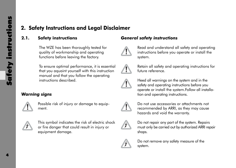 Safety instructions, Safety instructions and legal disclaimer | ARRI Wireless Zoom Extension Unit WZE - 3 User Manual | Page 4 / 18