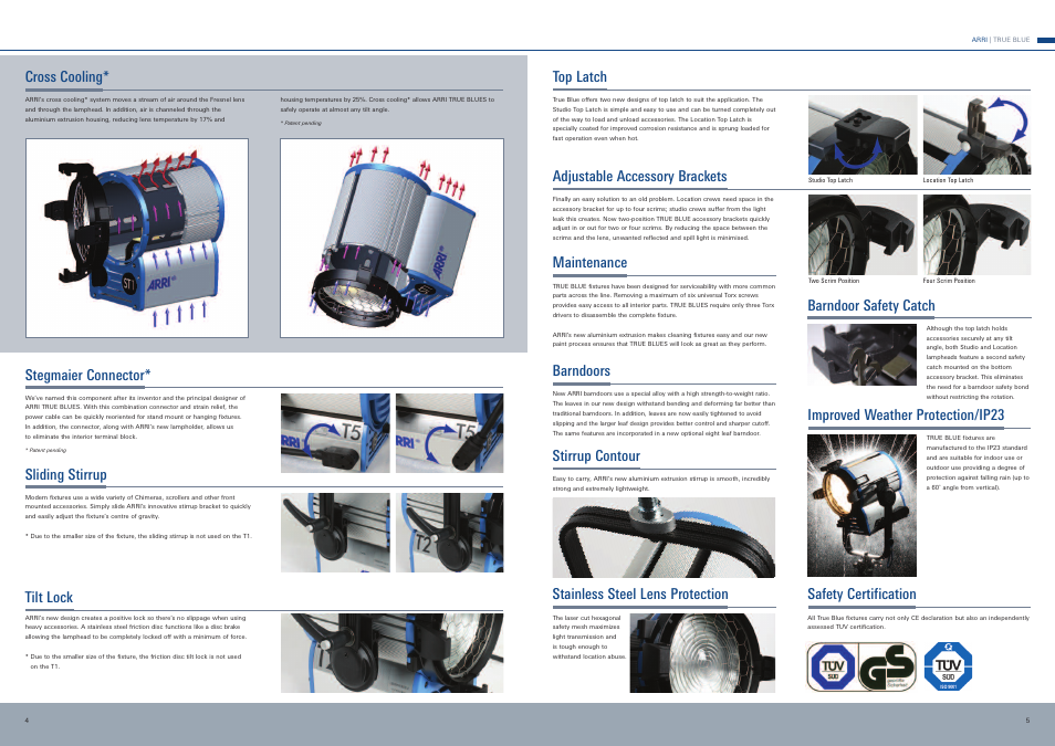 Top latch, Adjustable accessory brackets, Maintenance | Stegmaier connector, Cross cooling, Sliding stirrup, Tilt lock, Improved weather protection/ip23, Safety certification, Barndoors | ARRI True Blue ST1 User Manual | Page 3 / 6