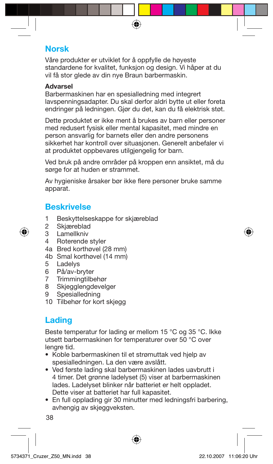 Norsk, Beskrivelse, Lading | Braun 5734 User Manual | Page 38 / 65